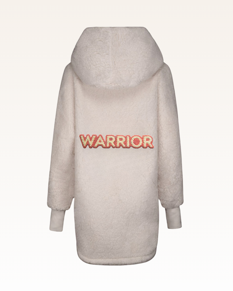 Beige hoodie with 'WARRIOR' text on the back against a white background