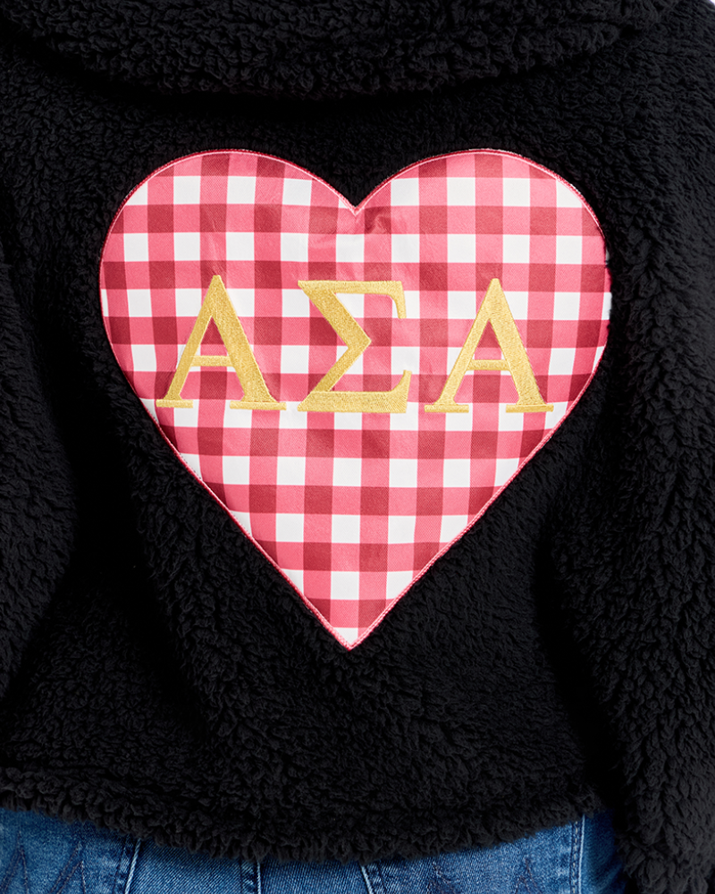 Alpha Sigma Alpha heart patch on black sherpa lounger