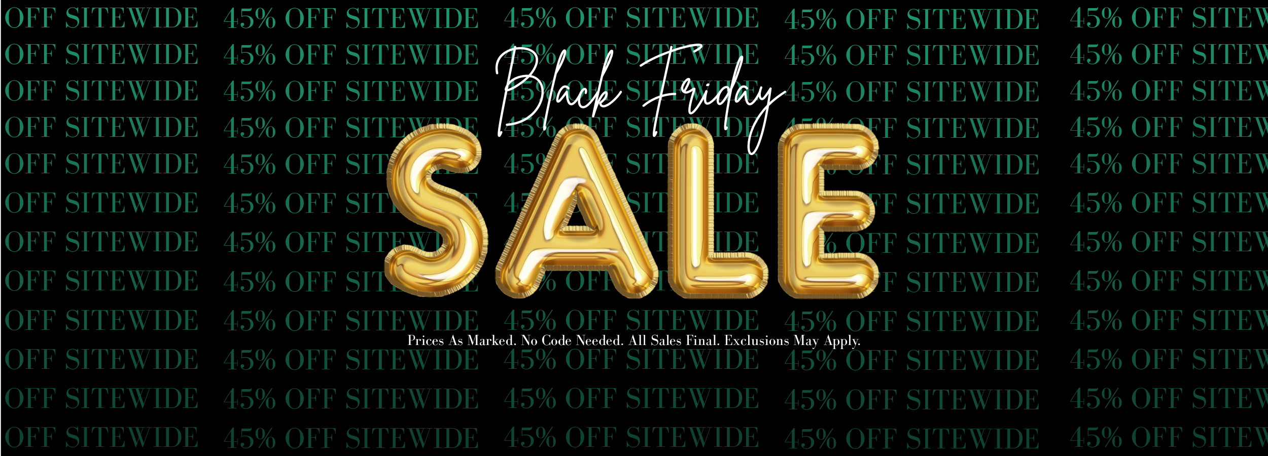 Black Friday sale banner with gold 'SALE' text on a black background with blue text overlay.