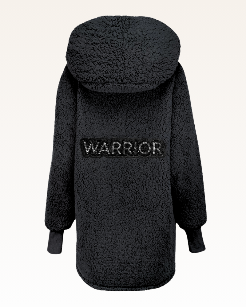 Black fleece jacket with 'WARRIOR' text on the back against a white background
