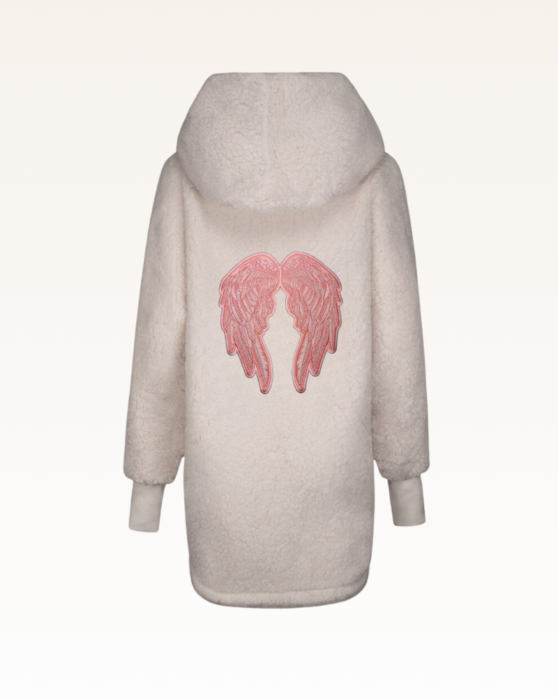Ivory hoodie lounger with pink angel wings on a white background