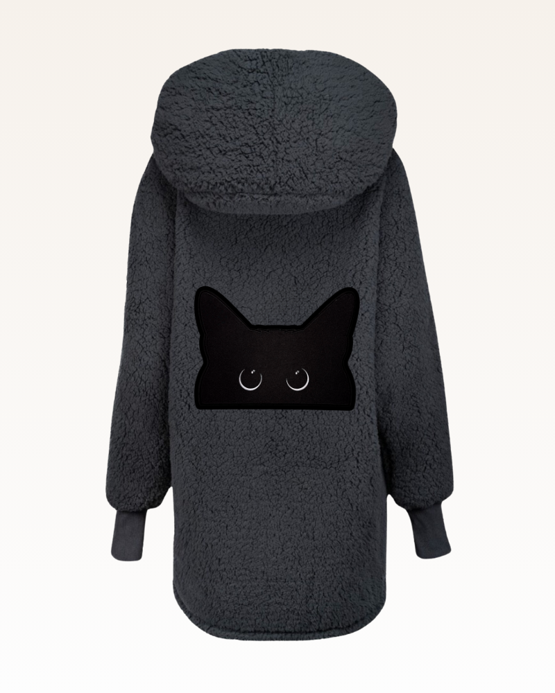 black sherpa jacket with a black cat face design on a white background