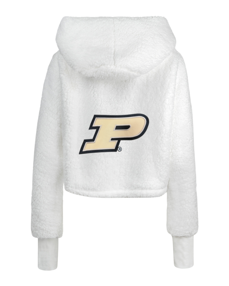 A white sherpa fleece cropped hoodie with a large Purdue 'P' logo on the back, shown against a plain white background.