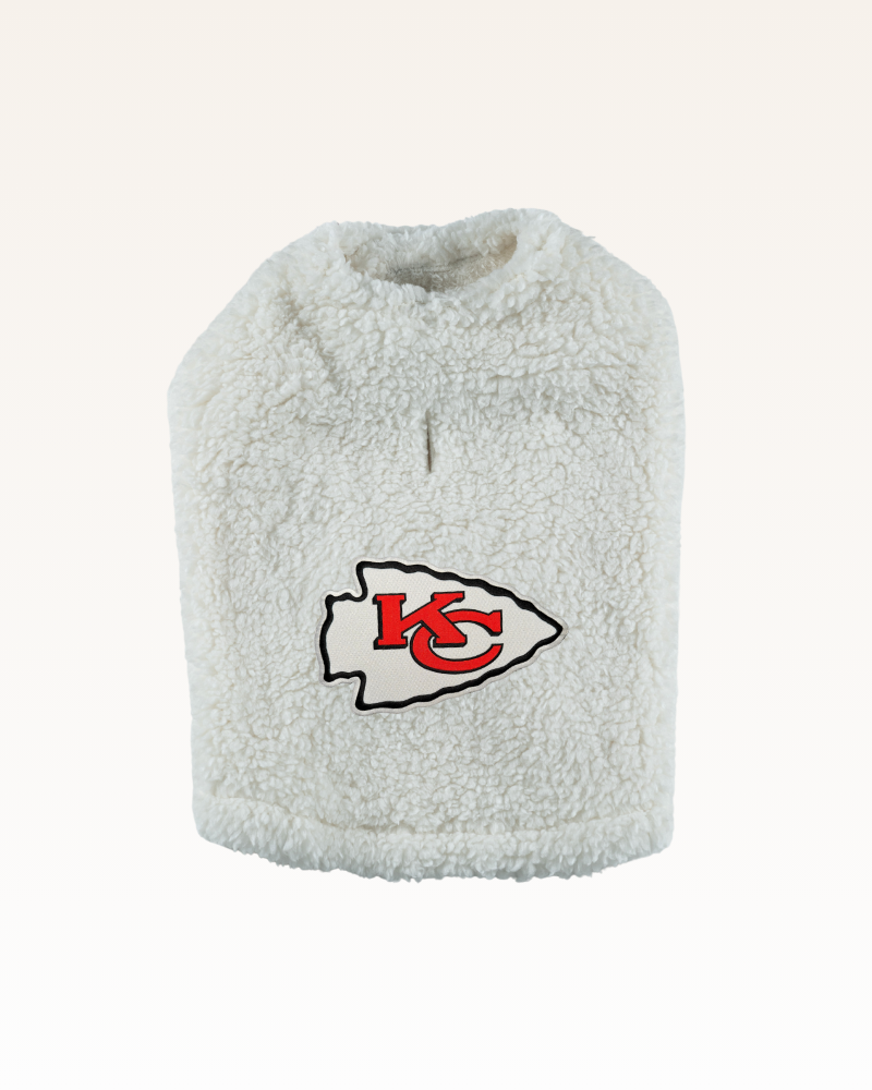 white sherpa pet jacket with Kansas City Chiefs logo