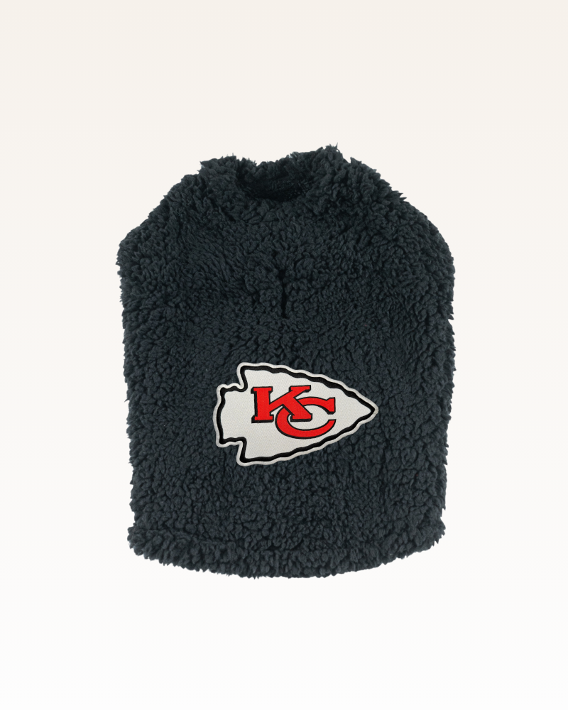 black sherpa pet jacket with Kansas City Chiefs logo