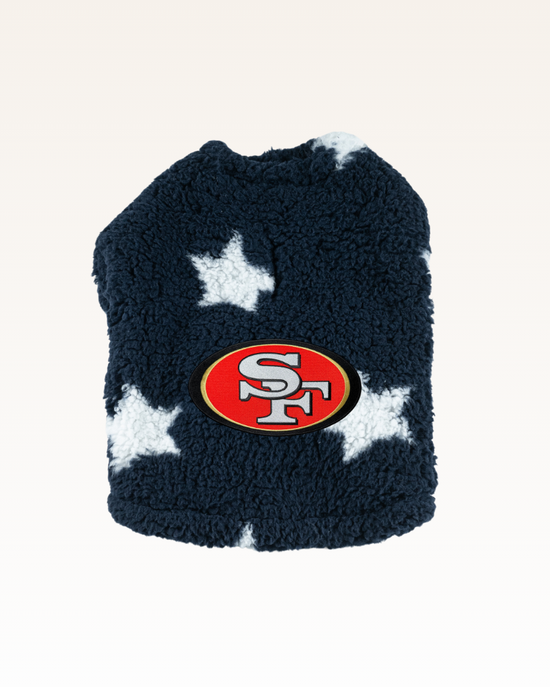 navy with stars sherpa pet jacket with red san francisco 49ers logo