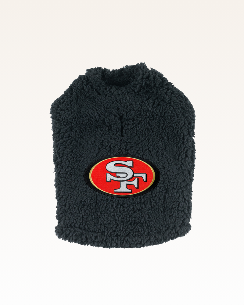 black sherpa pet jacket with red san francisco 49ers logo