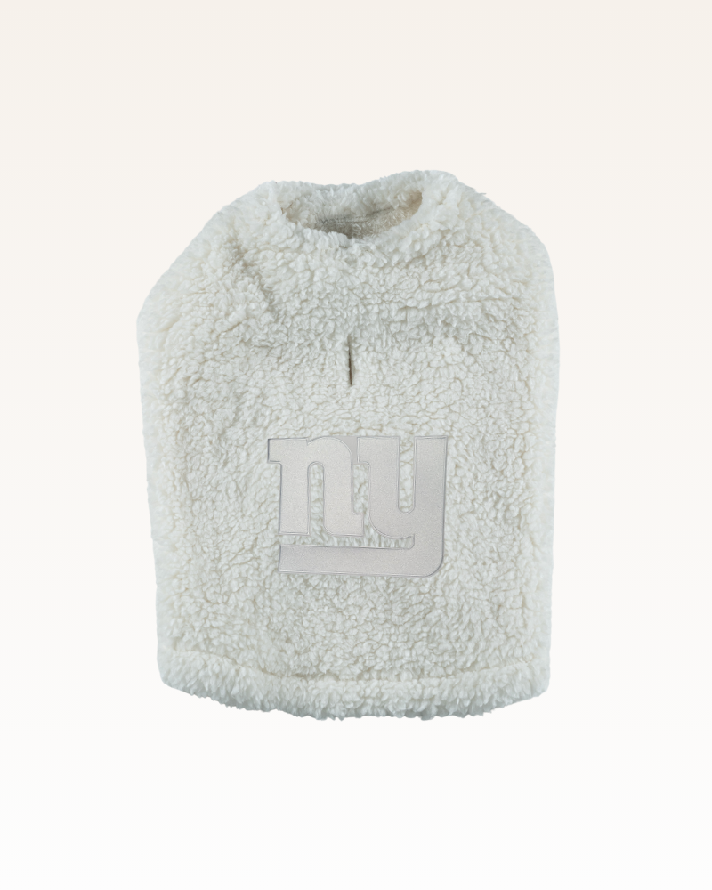 white sherpa pet jacket with white new york giants logo