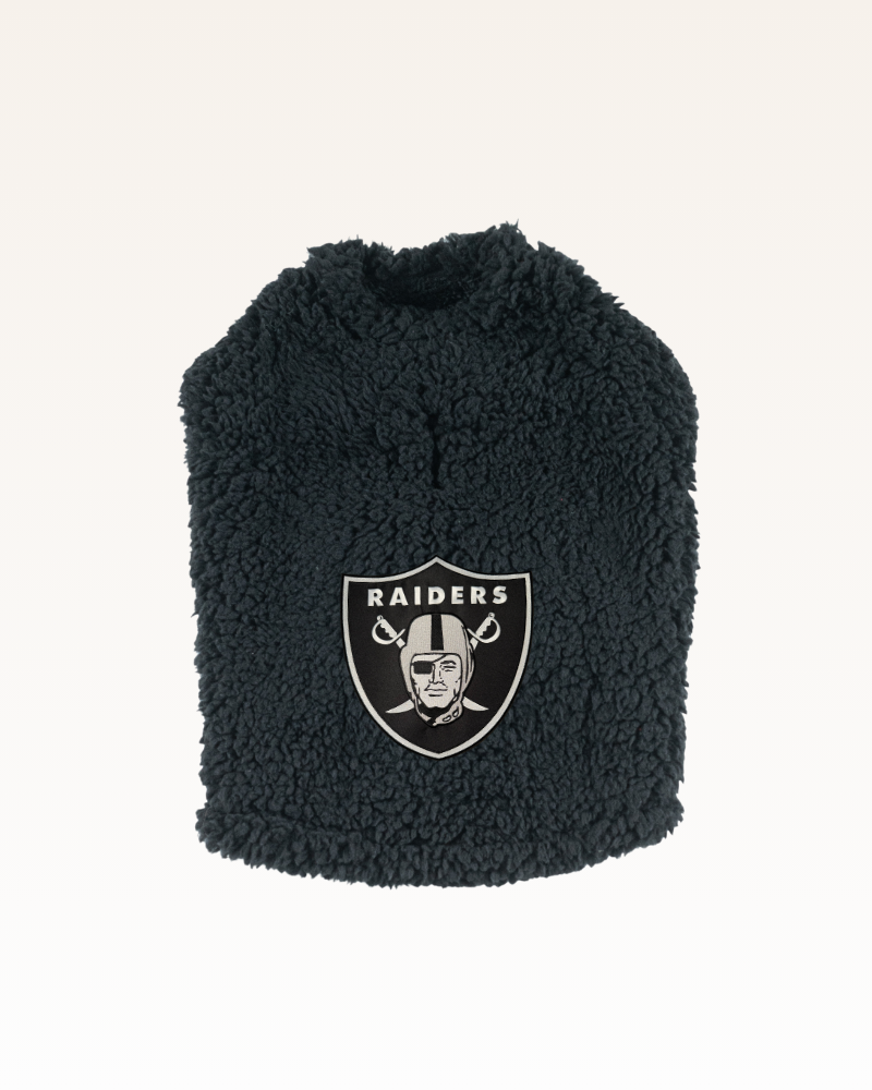 black sherpa pet jacket with raiders black and white logo
