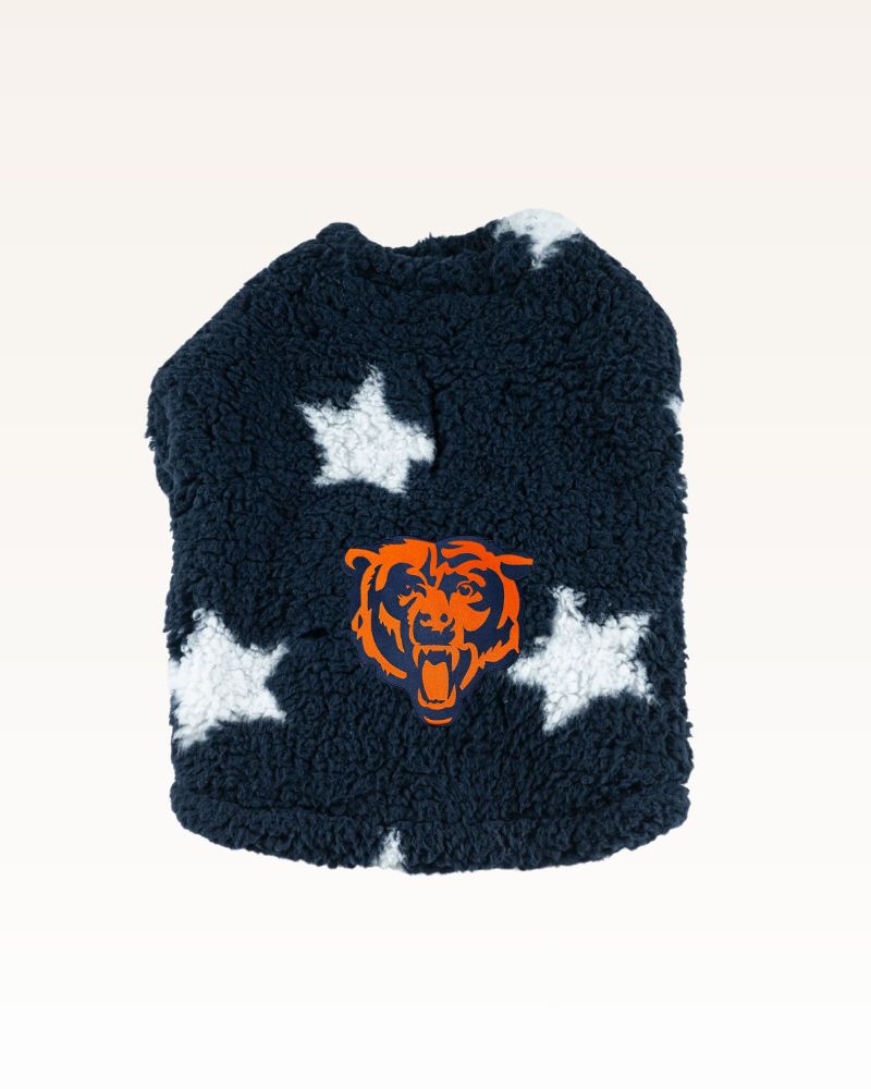 navy with stars sherpa pet jacket with Chicago bears logo