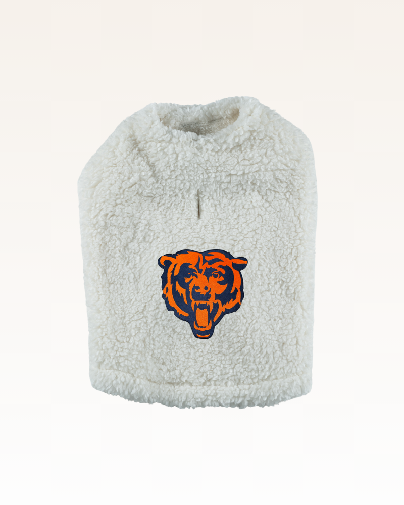 white sherpa pet jacket with orange Chicago Bears logo