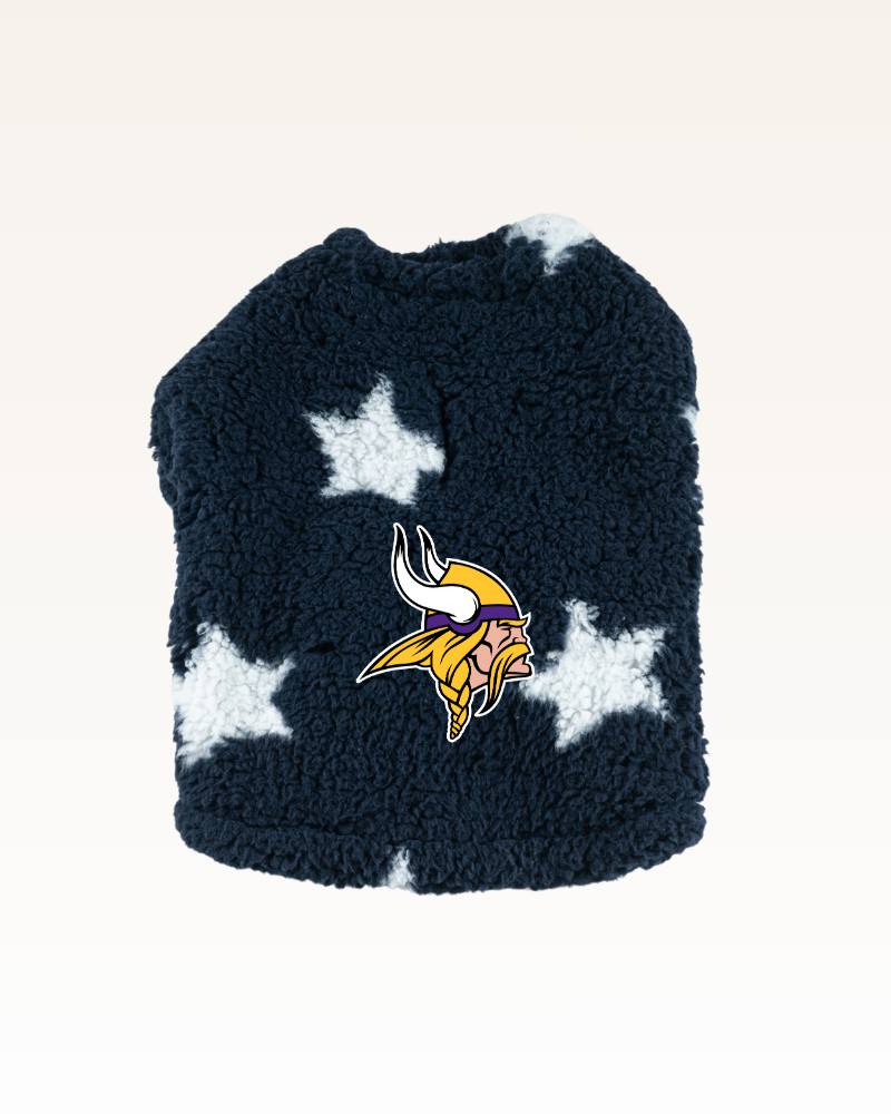 navy with stars sherpa pet jacket with Minnesota Vikings logo