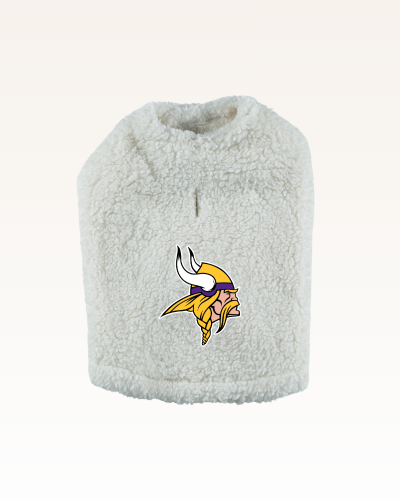 white sherpa pet jacket with Minnesota Vikings logo