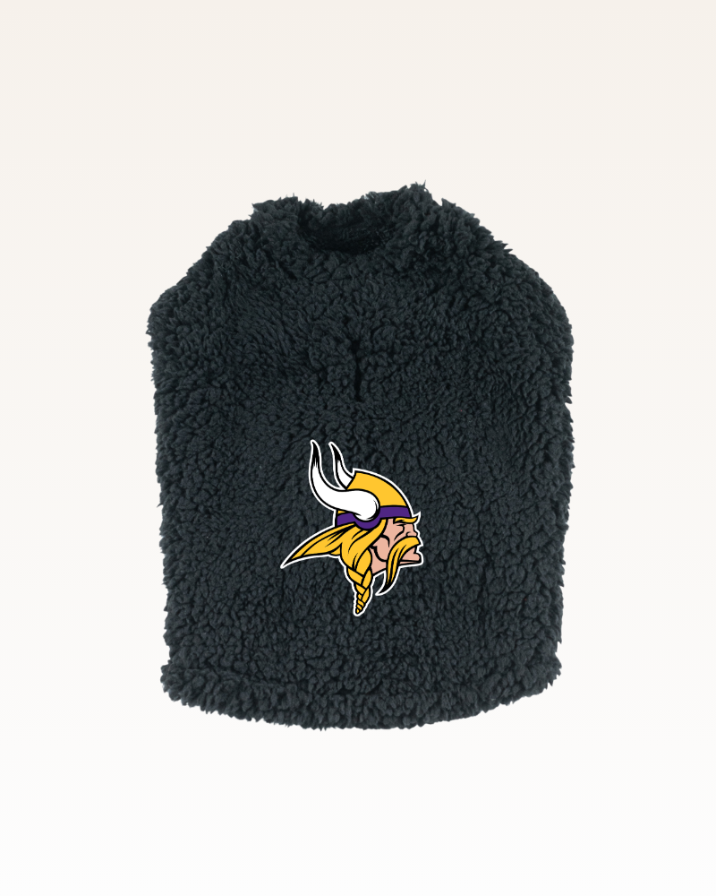 black sherpa pet jacket with Minnesota Vikings logo