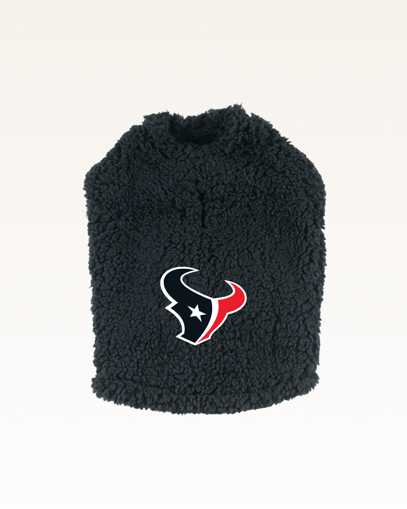 black sherpa pet jacket with Houston Texans logo