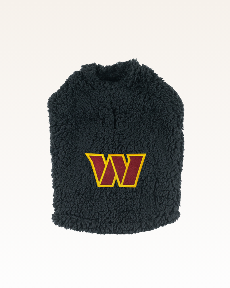 black sherpa pet jacket with Washington commanders logo