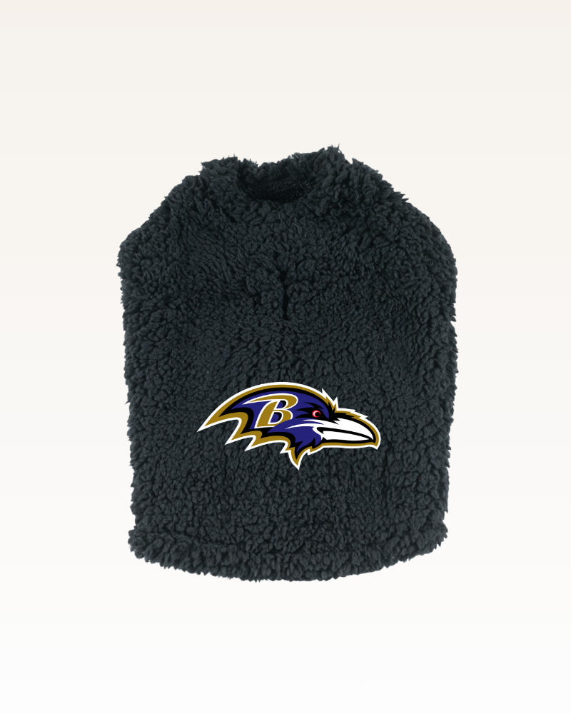 black sherpa pet jacket with Baltimore ravens logo