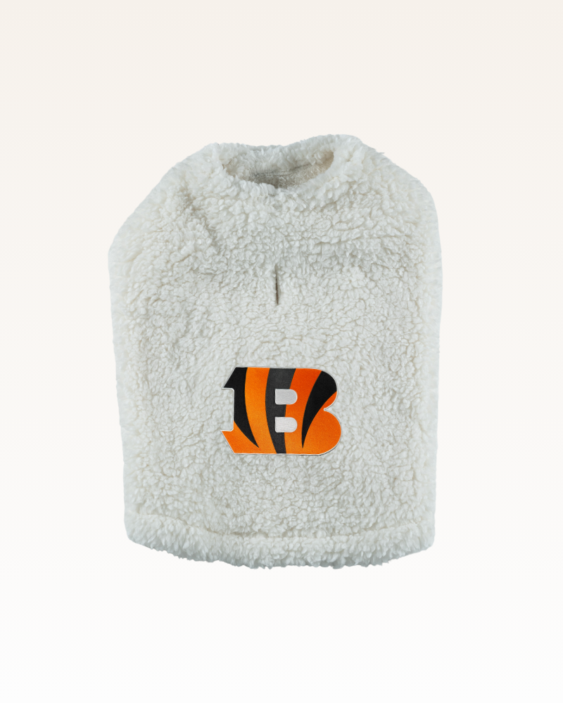 white sherpa pet jacket with Cincinnati Bengals logo