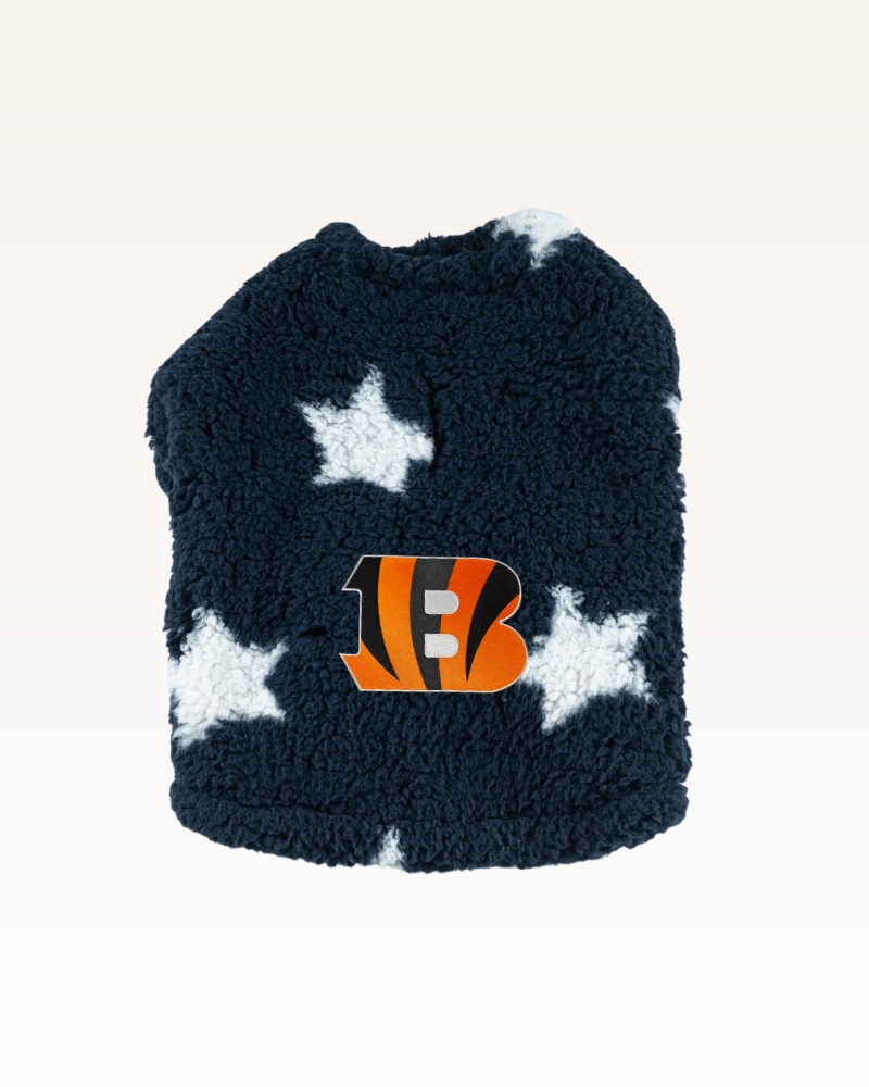 navy with stars sherpa pet jacket with Cincinnati Bengals logo