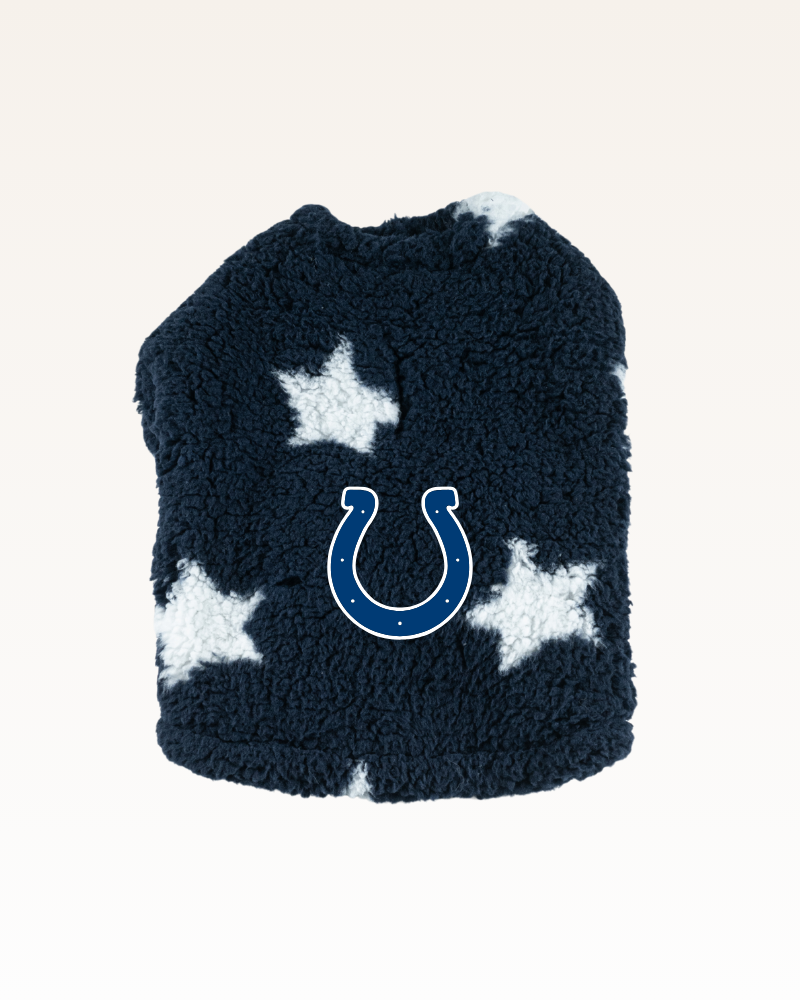 navy with stars sherpa pet jacket with Indianapolis colts horseshoe logo