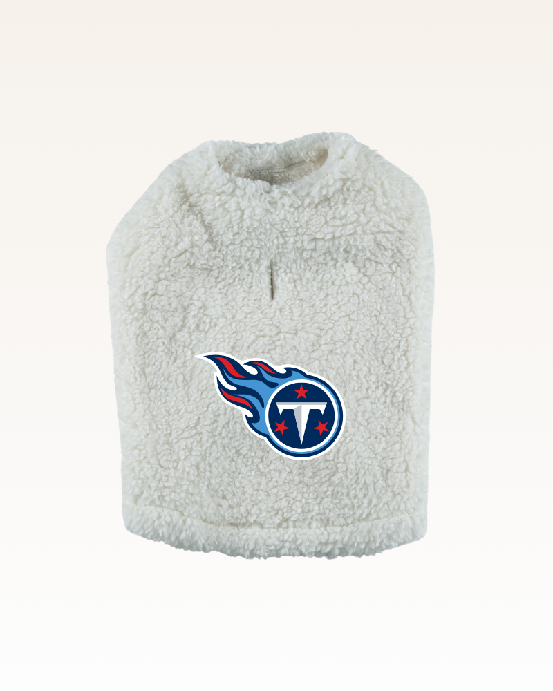 white sherpa pet jacket with Tennessee Titan logo