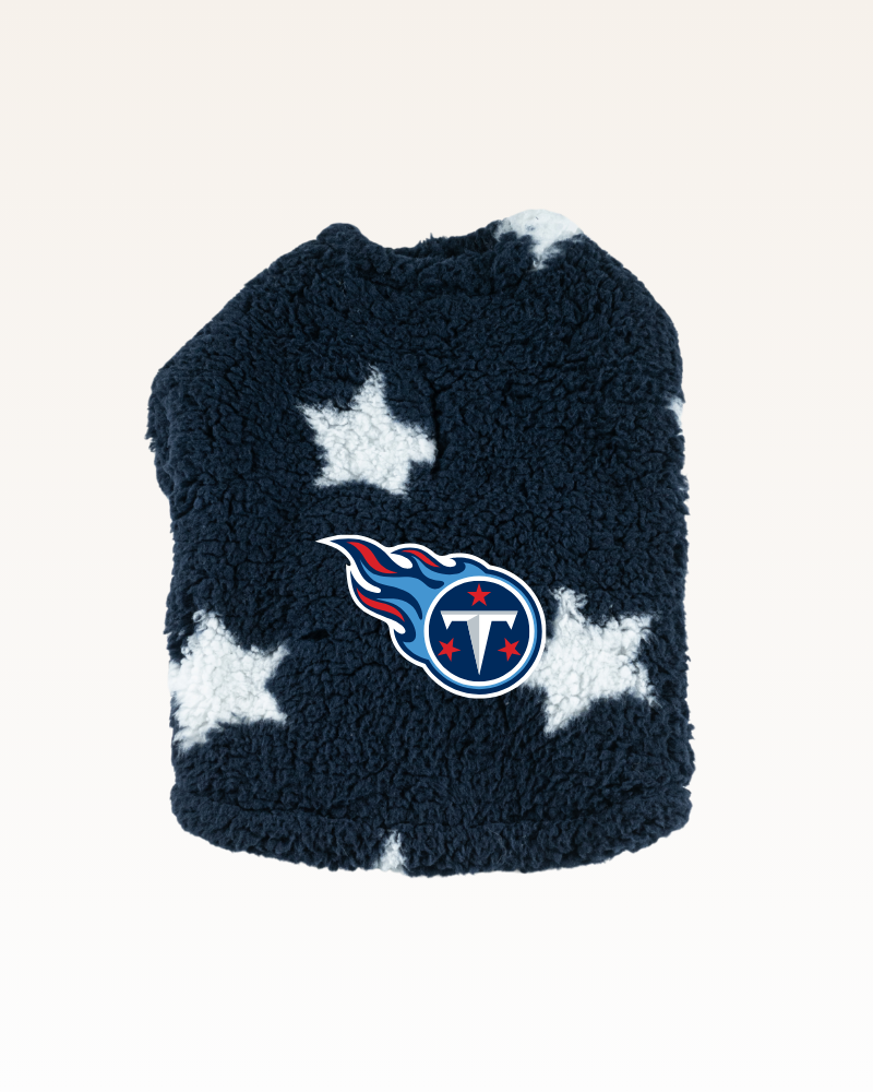 navy with star sherpa pet jacket with Tennessee Titan logo