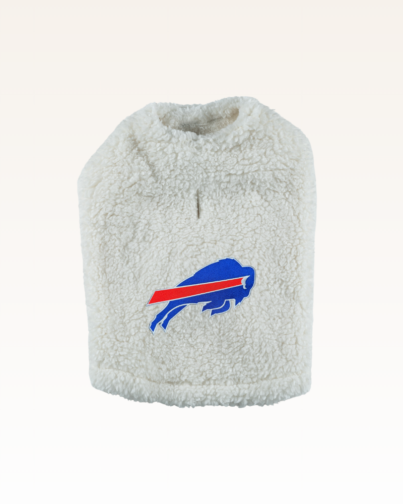 white sherpa pet jacket with blue and red buffalo bills logo