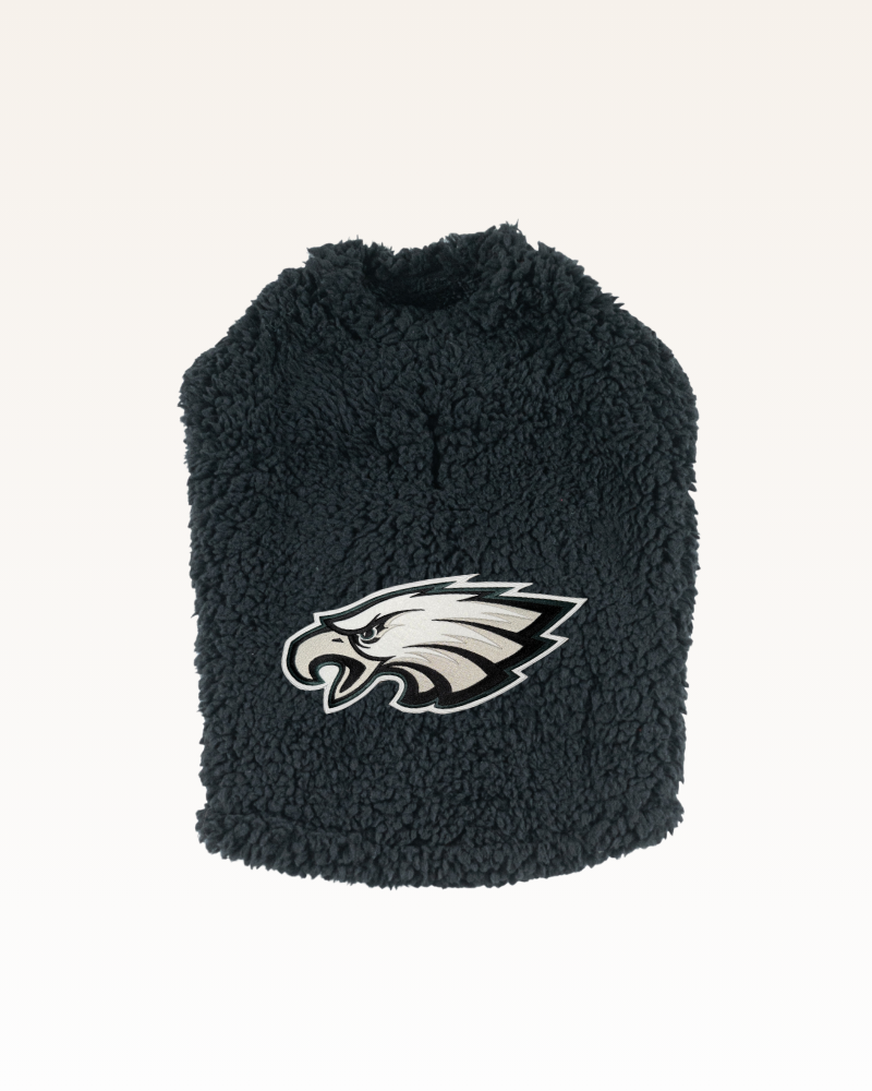 black sherpa pet jacket with Philadelphia eagles logo