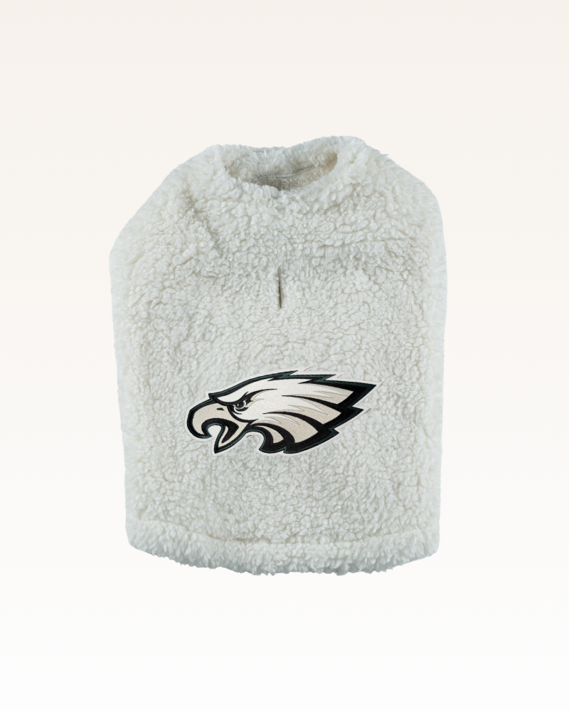 white sherpa pet jacket with Philadelphia eagles logo