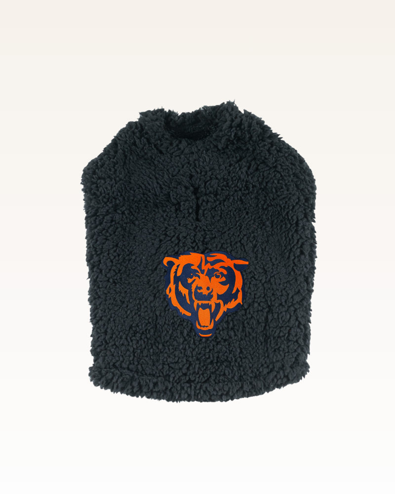black sherpa pet jacket with Chicago Bears logo