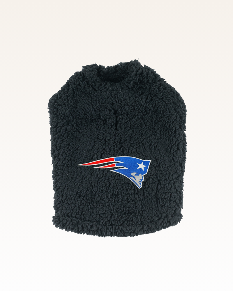 black sherpa pet jacket with new england patriots logo