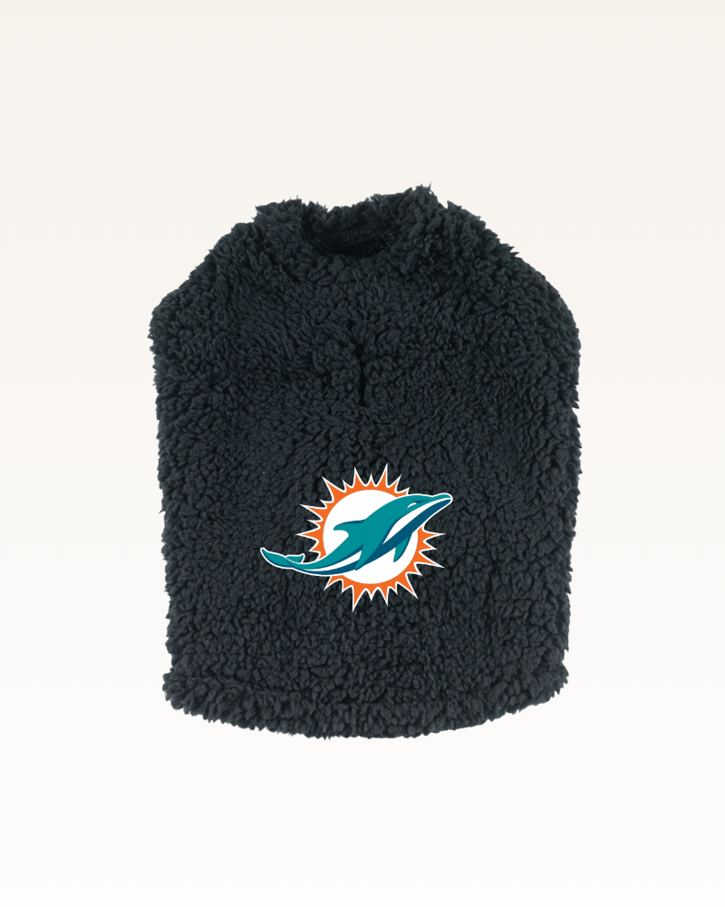 black sherpa pet jacket with miami dolphins logo