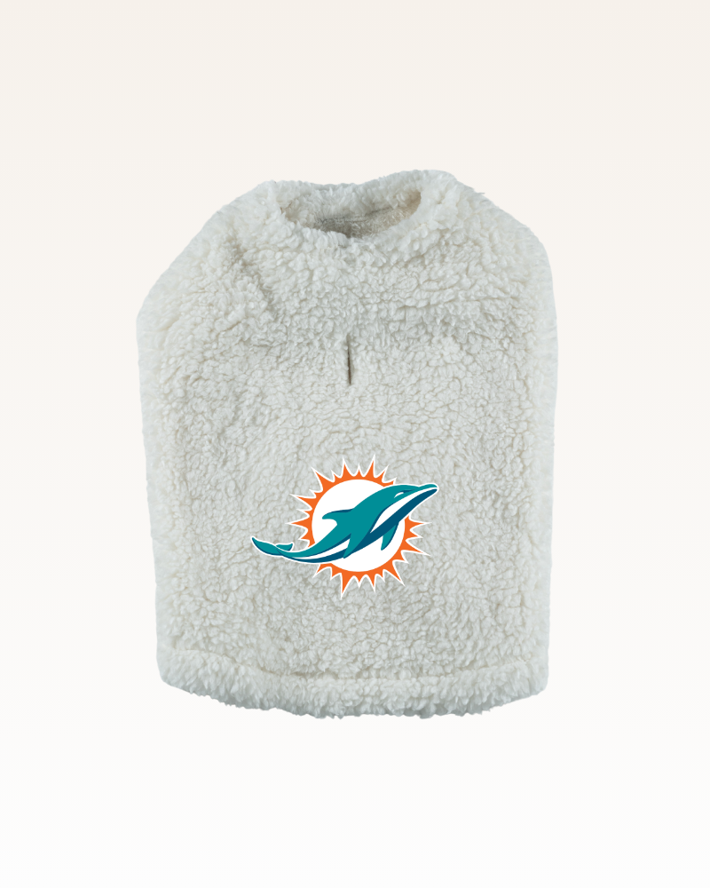 white sherpa pet jacket with miami dolphins logo