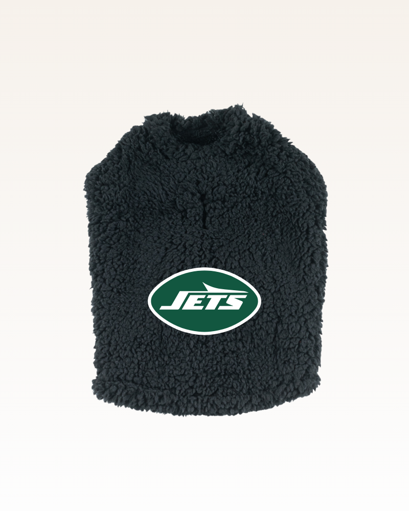 black sherpa pet jacket with new york jets logo
