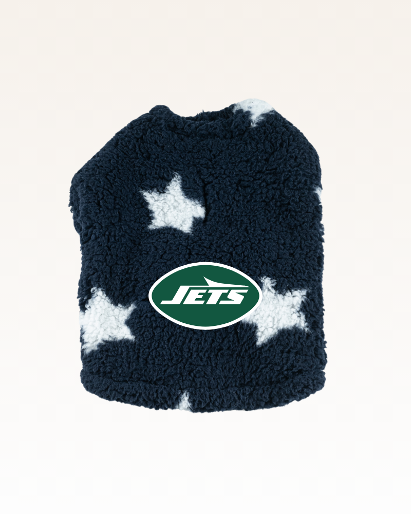 navy with stars sherpa pet jacket with new york jets logo