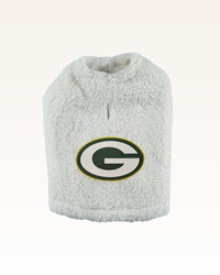 white sherpa pet jacket with green bay packers logo