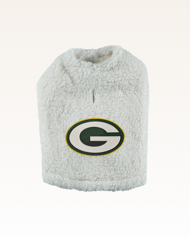 white sherpa pet jacket with green bay packers logo