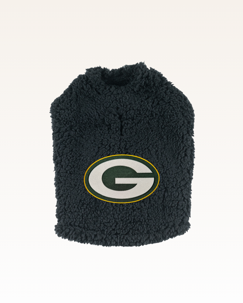 black sherpa pet jacket with green bay packers logo