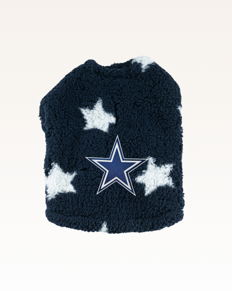 navy sherpa pet jacket with white stars with dallas cowboys logo