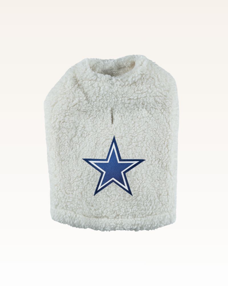 white sherpa pet jacket with Dallas cowboys blue star logo
