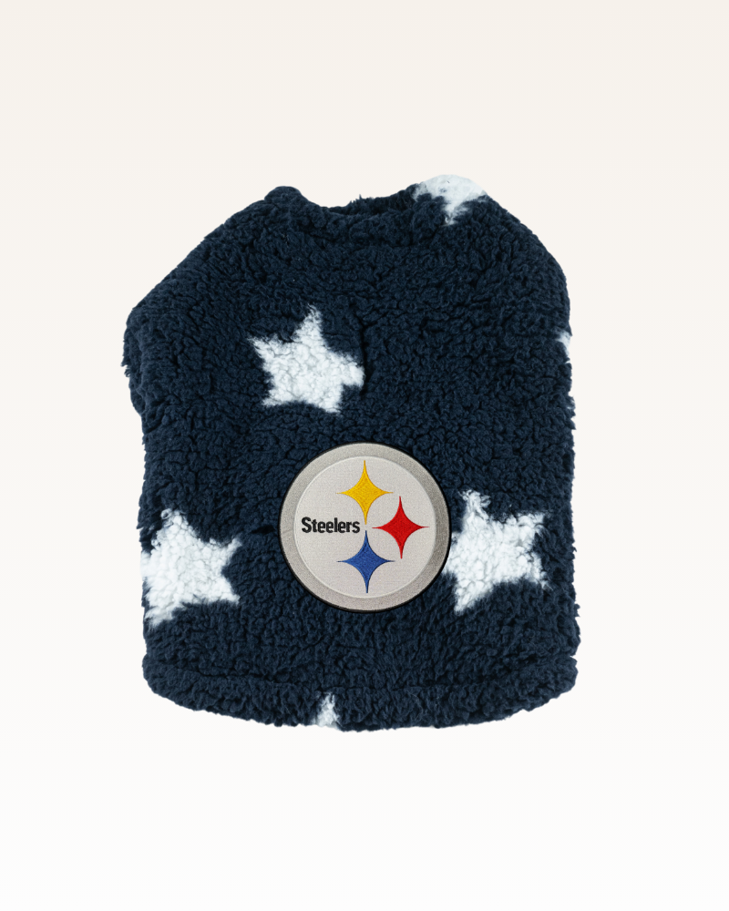 navy with stars sherpa pet jacket with Pittsburg steelers logo