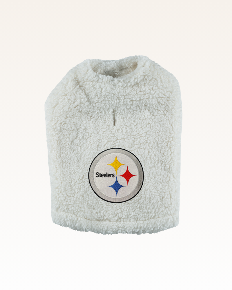 white sherpa pet jacket with Pittsburg Steelers logo