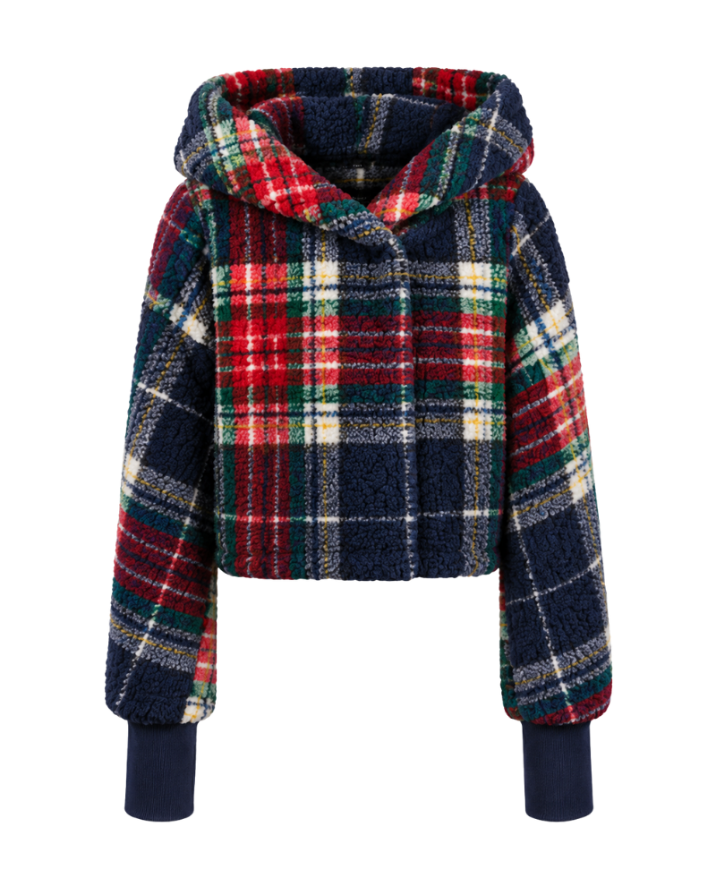 Classic Cropped Sherpa Lounger Jacket - Navy Plaid