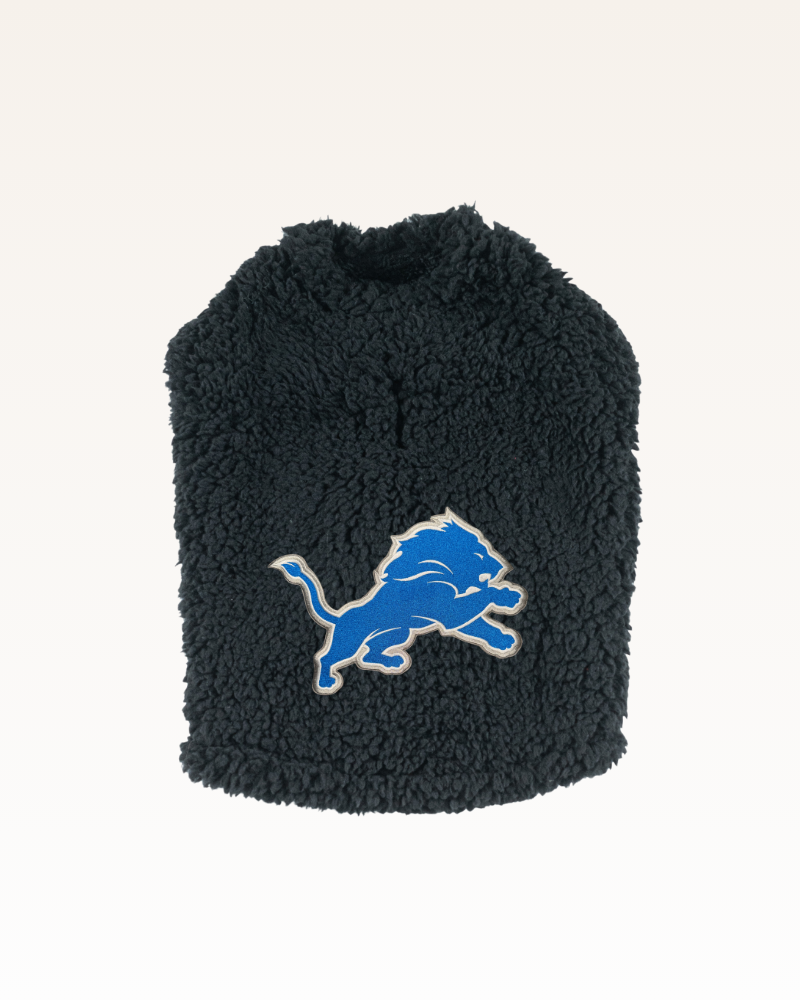 black sherpa pet jacket with detroit lions logo