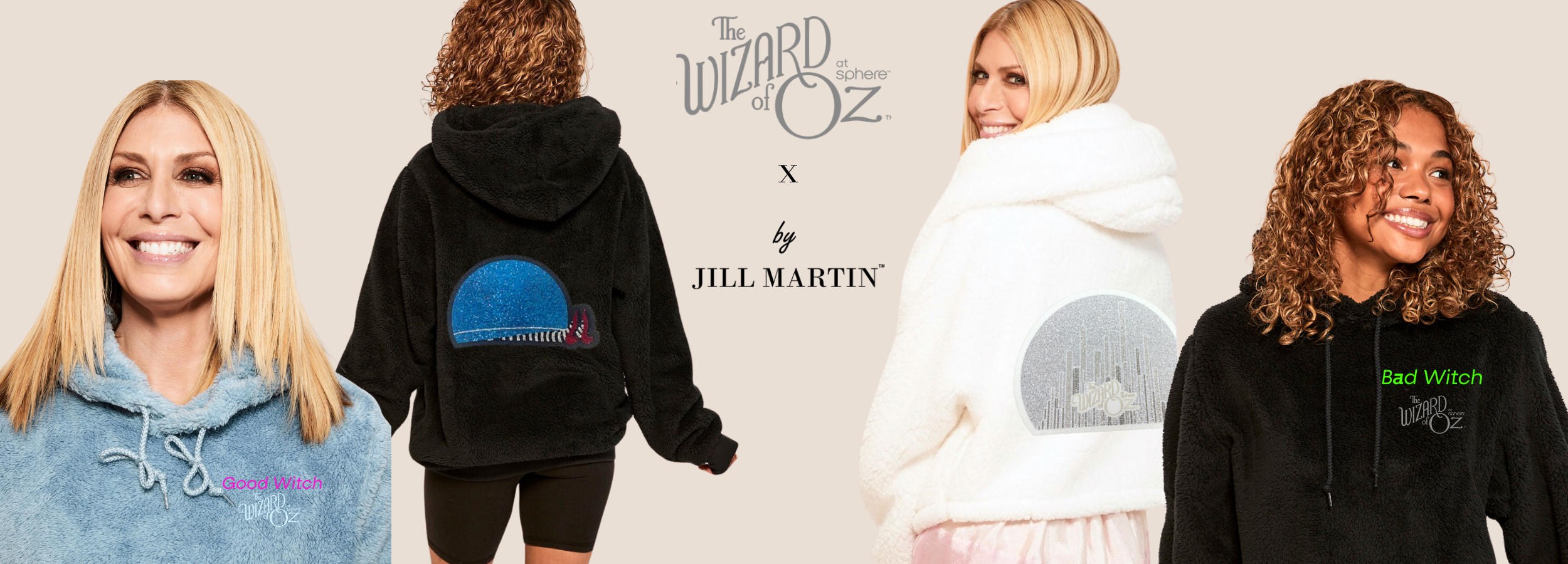 Four people wearing hoodies with 'The Wizard of Oz' design, featuring a black hoodie with a blue circle, a white hoodie with a gray circle, and a black hoodie with green text.