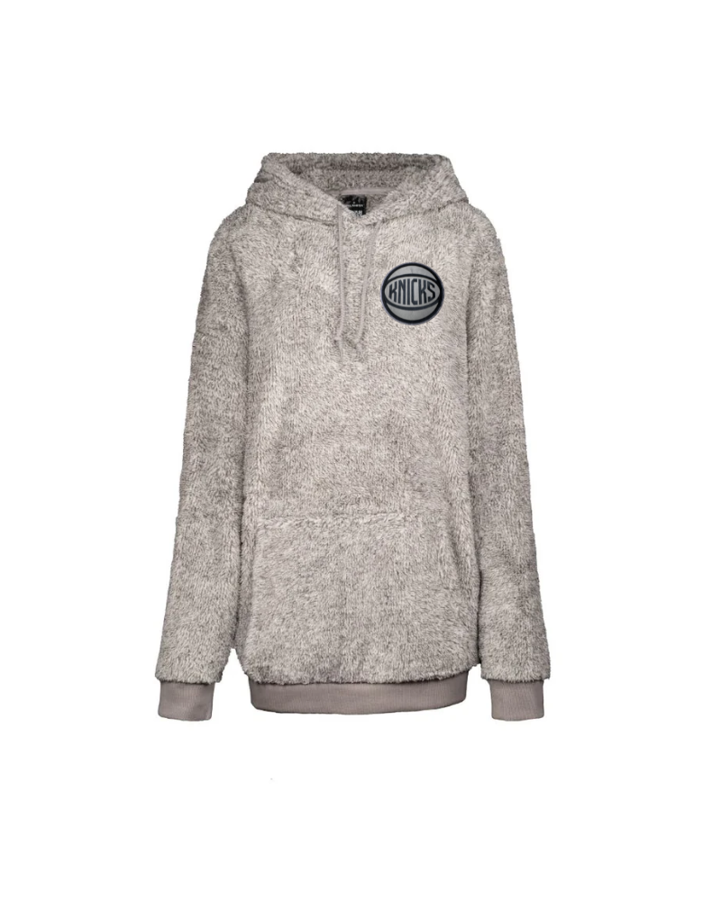 Gray hoodie with a logo on a white background