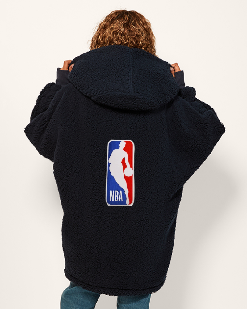 Person wearing a navy hoodie lounger with NBA logo on the back against a white background