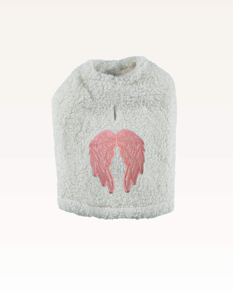 White fleece pet jacket with pink angel wings on a white background