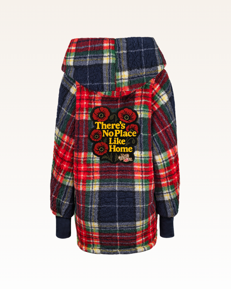 Plaid jacket with embroidered text on a white background
