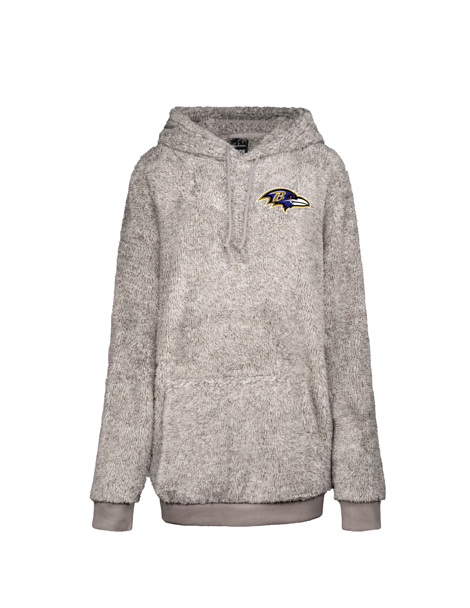 Gray hoodie with a logo on the chest against a white background